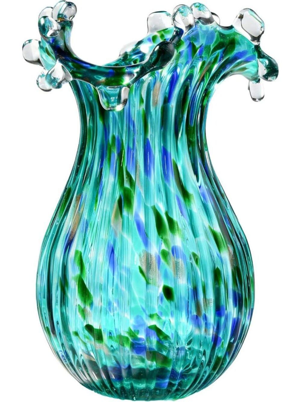 Unique 9-Inch Tall Green Glass Vase - Hand Blown Turquoise Centerpiece for